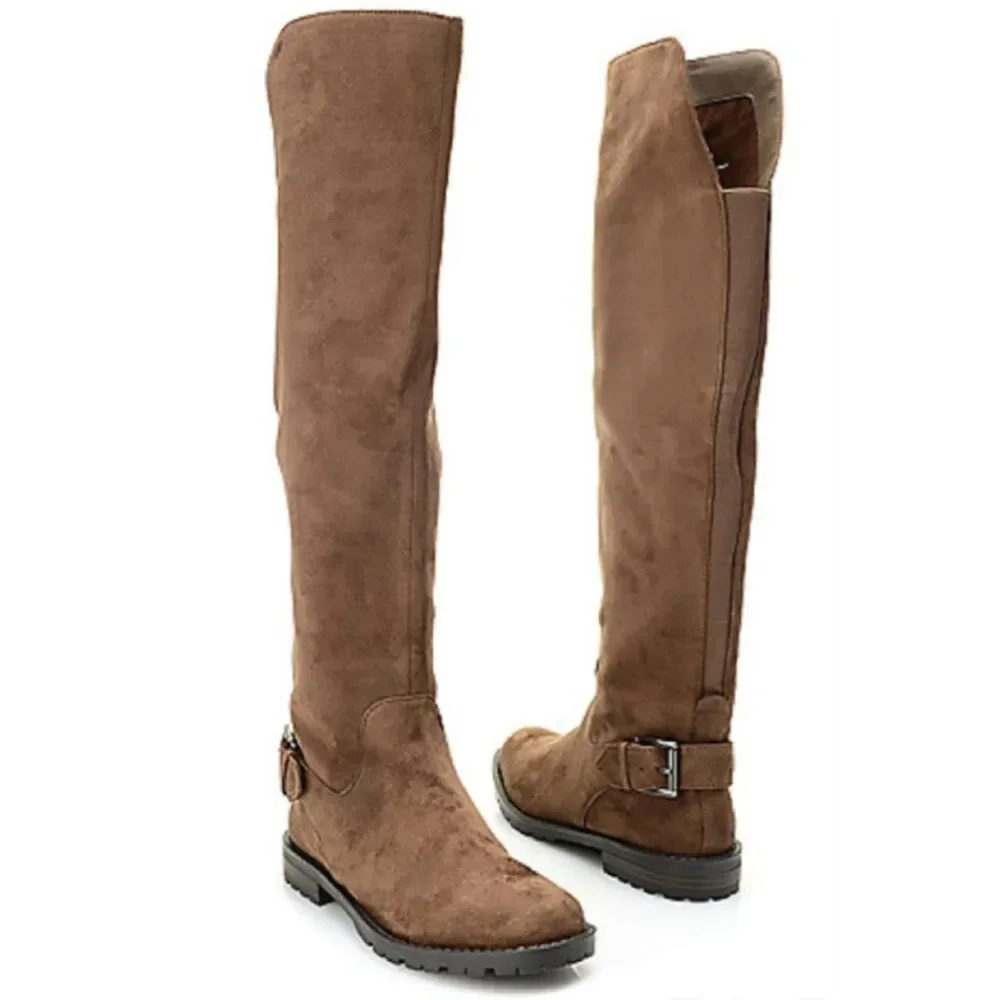 EUC G H BASS India Over the Knee Brown Faux Suede Flat Boots with Buckle Sz 5.5